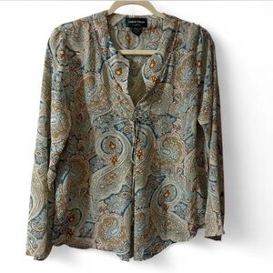 Lemon Grass Studio Blue and Brown Boho Paisley Button Up Shirt Blouse